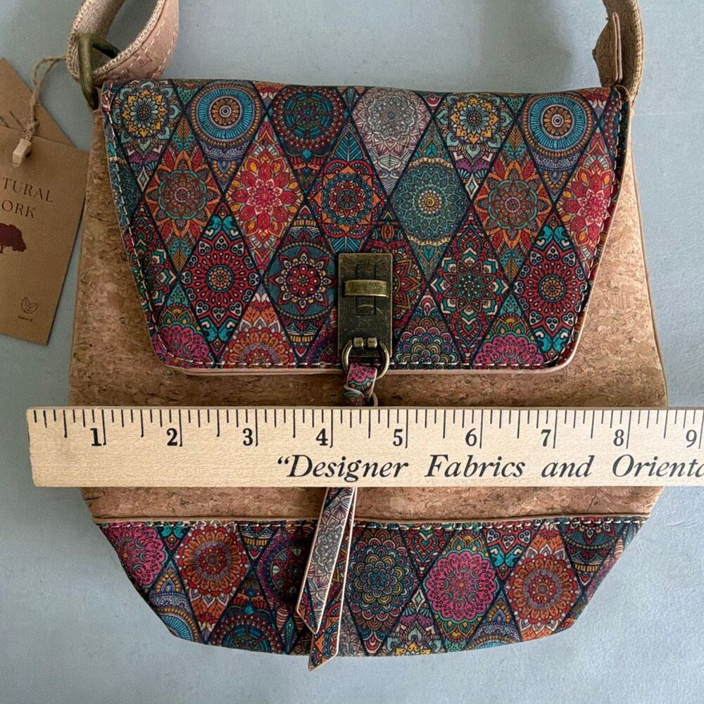 Natural Cork Crossbody Bag Portugal Boho Mandala Vegan Small Shoulder Purse New - Picture 3 of 13